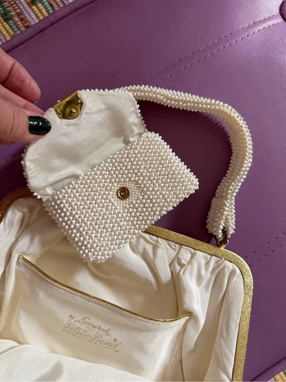Vintage lumered Pearl petite bead Beaded White Evening Clutch with Gold Frame